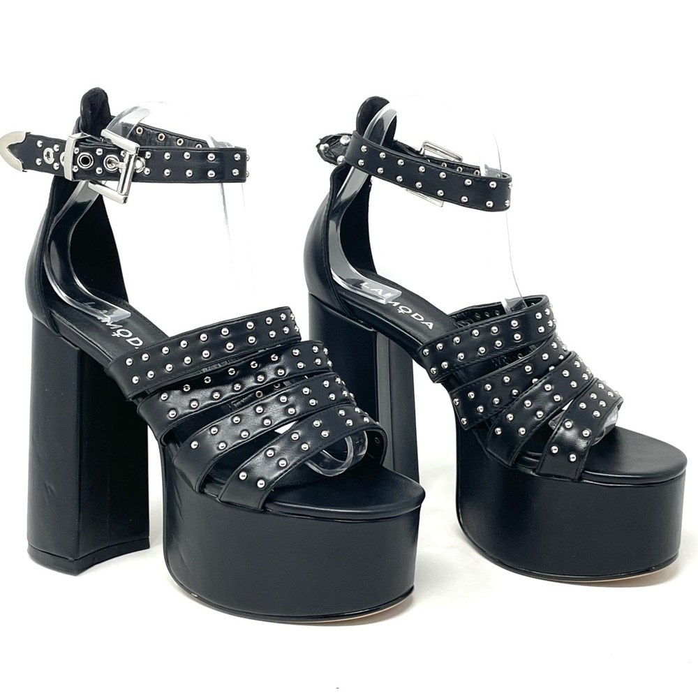 NWOT Lamoda Punk Lolita Black Studded Strap Platform Heeled Sandals Size 8